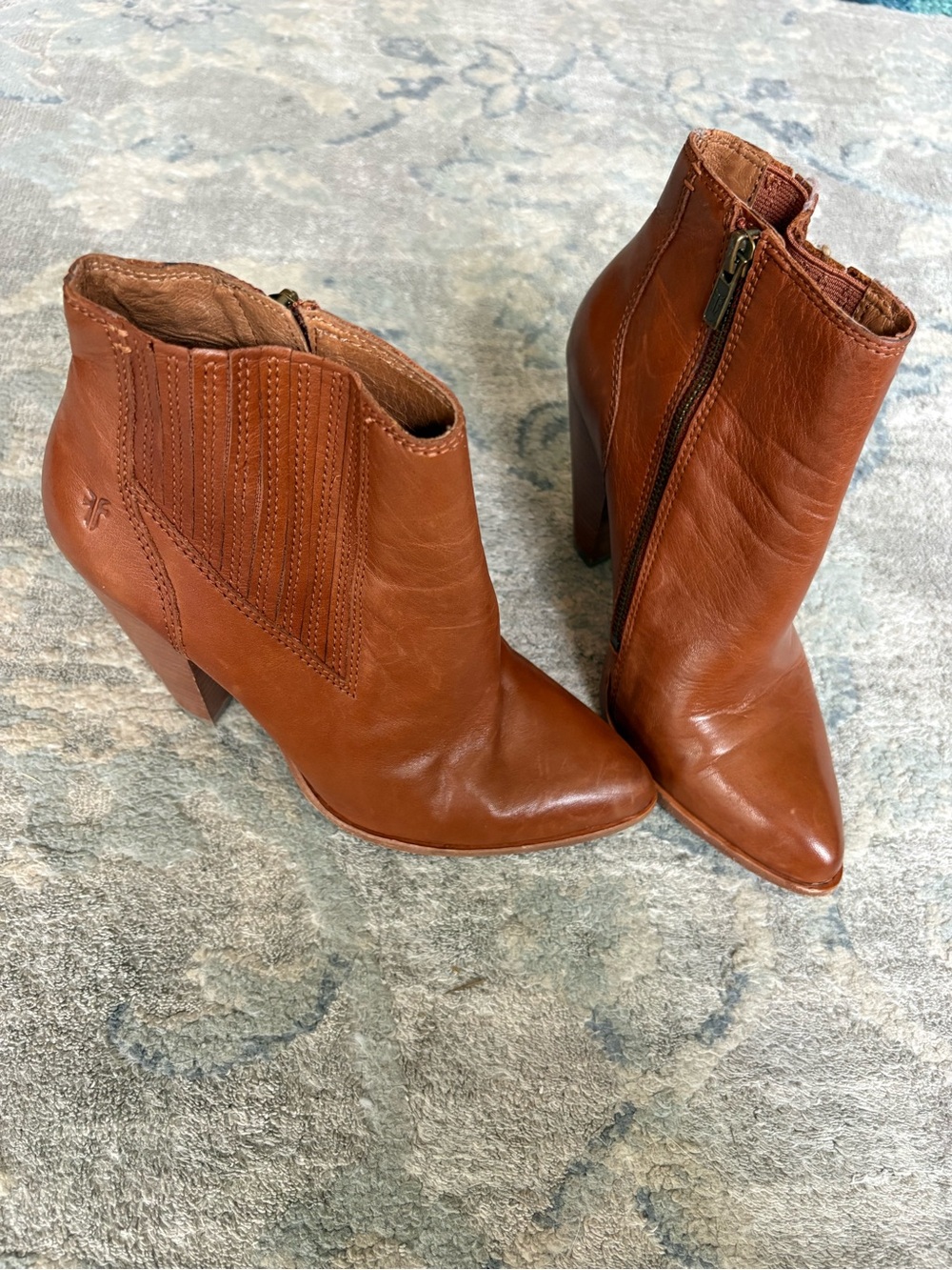 Frye Cognac Leather Pointed-Toe Ankle Booties with Block Heel
